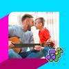 Padre con guitarra cantando canciones en ingles con su hijo